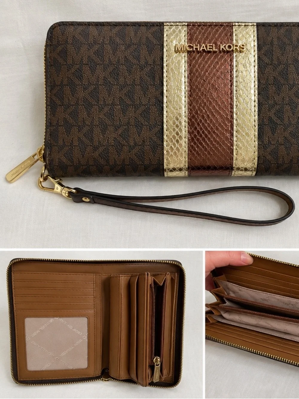 Michael Kors Brown and Gold Zip-Around Wristlet Card Holder